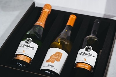 3 wine bottles with a custom gift box by Good Harbor Vineyards in Lake Leelanau, MI